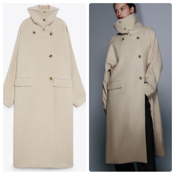 Zara Wool Blend Oversized Coat Beige NWT - Picture 1 of 15